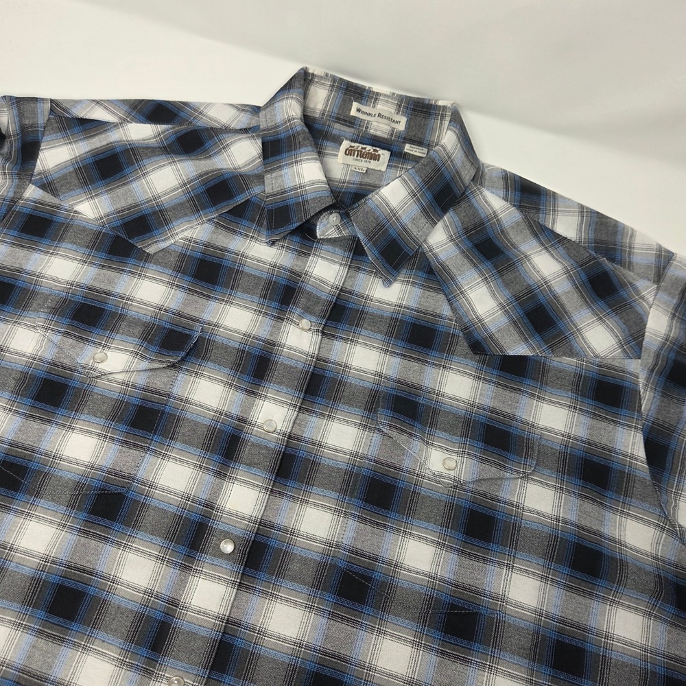 Ely Cattleman Shirt Mens XXL Short Sleeve Blue Black Plaid Western Snap Button